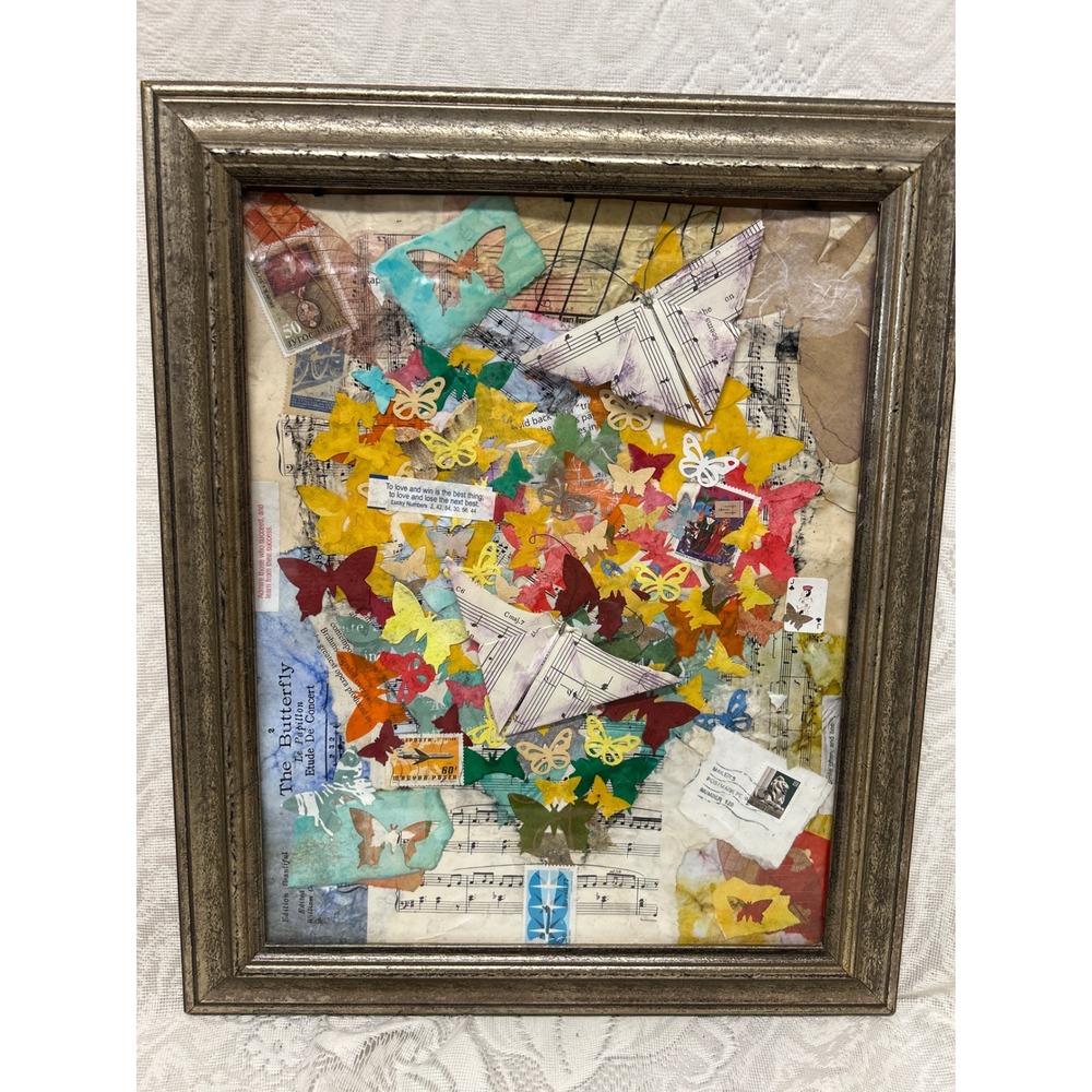 Butterfly Mixed‎ Media Collage Vintage Ephemera Sheet Music Framed Art 14x17